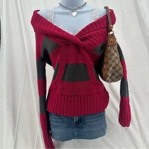 Grunge Y2K Vintage Arizona Pink and Gray Striped Shawl Collar Sweater w/ Pocket